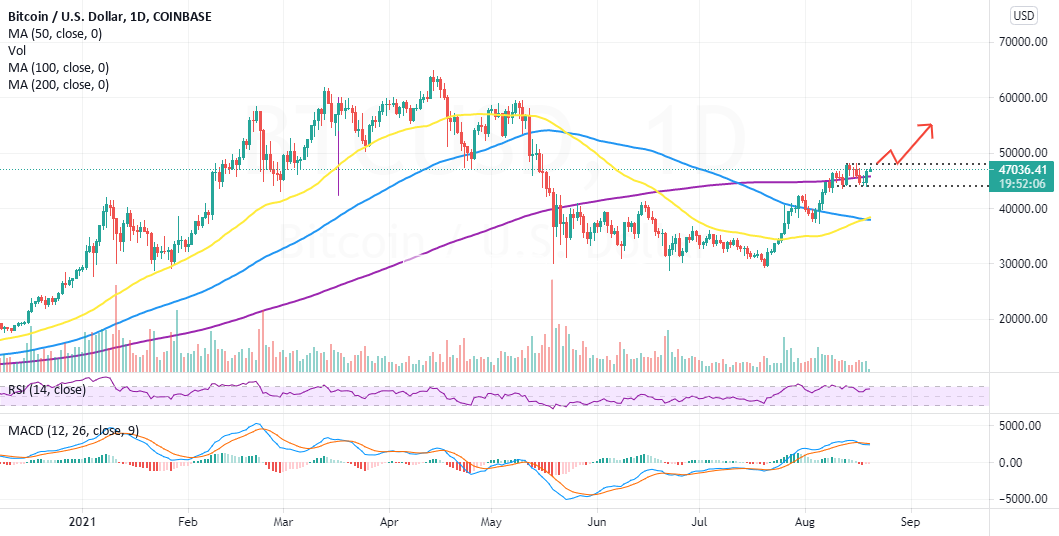 Bitcoin Price Renews Bid For $50,000 From $44,000 for COINBASE:BTCUSD