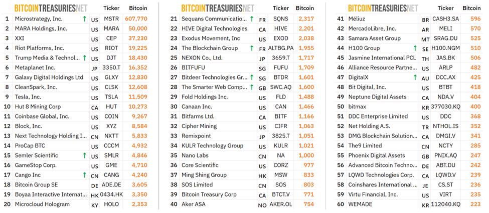 Top public companies holding BTC