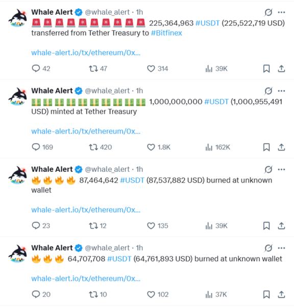 Whale Alert flags Tether moving USDT to different addresses