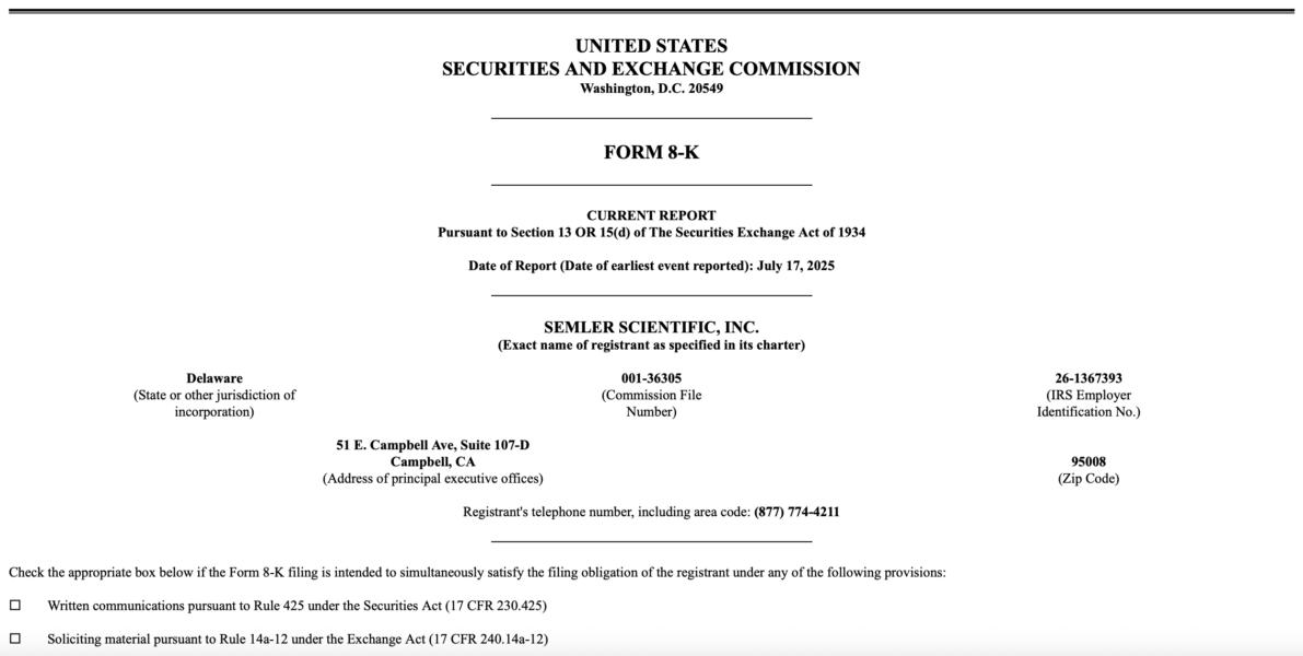 🟨"Semler Scientific aumenta le partecipazioni in Bitcoin, ma le azioni crollano"