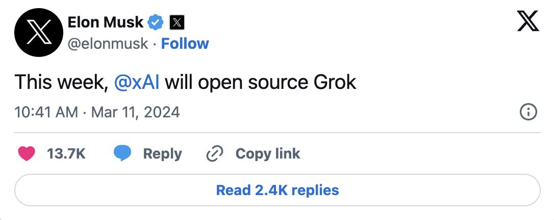 Elon Musk makes Grok AI open source amid ongoing OpenAI lawsuit
