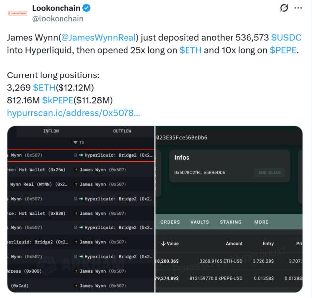 🟨"James Wynn Ritorna al Trading con Scommesse a Leva su Ether e PEPE"