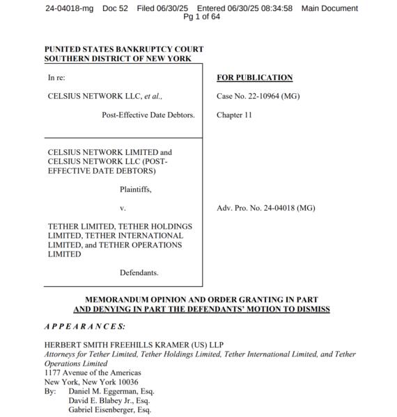 🟨Celsius vs Tether: la causa multimilionaria prosegue in tribunale