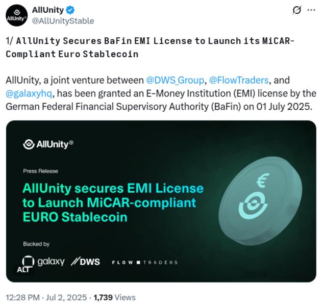 🟨"AllUnity lancia EURAU: la nuova stablecoin europea"
