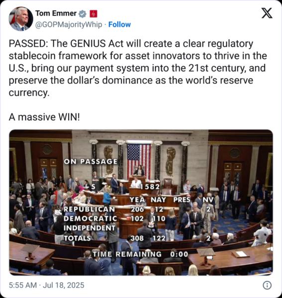🟨"Trump a un passo dalla legge sui stablecoin"