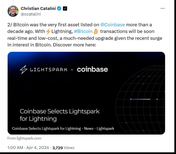 Coinbase partners with Lightspark for Bitcoin Lightning payments