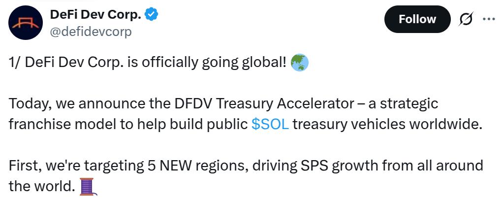 🟨"DeFi Development lancia il DFDV Treasury Accelerator per espandere le tesorerie SOL globalmente"