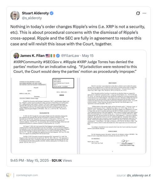 Judge turns down Ripple's and the SEC's joint motion