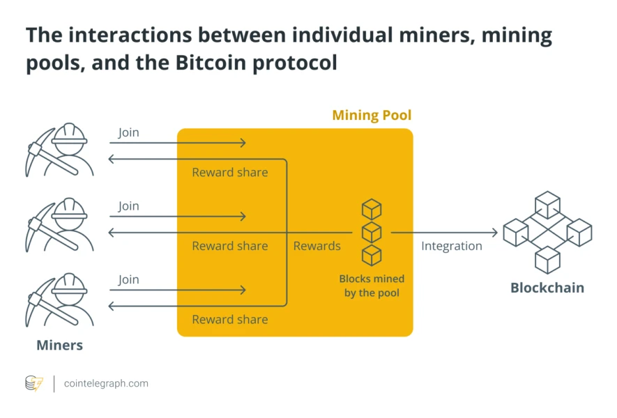 The interactions between individual miners, mining pools, and the Bitcoin protocol