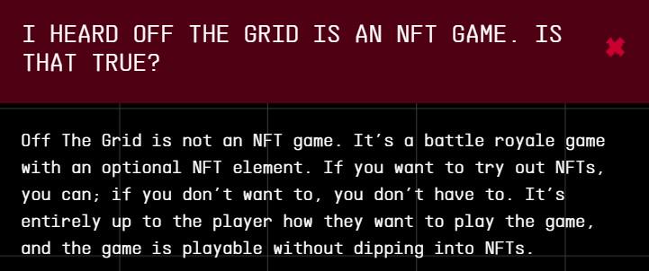 Off The Grid's FAQ page states Off The Grid is not an NFT game.