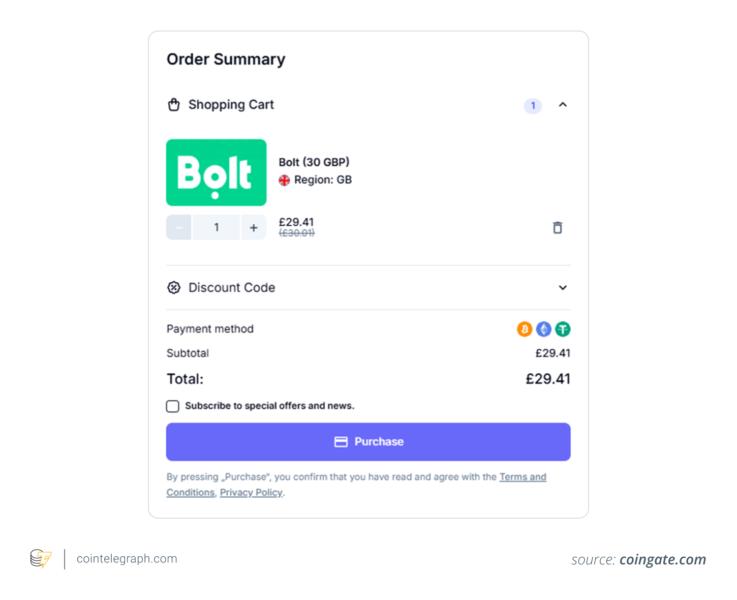 Bolt gift card via Coingate