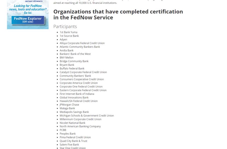 FedNow “early adopter” list contains no blockchains, but some may