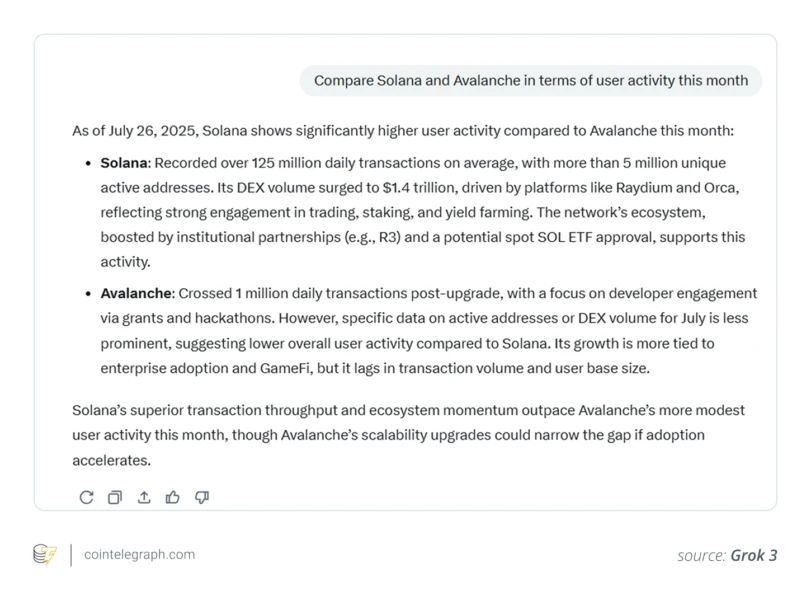 Grok response comparing Solana and Avalanche