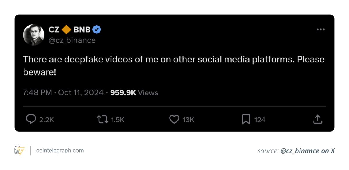 CZ making followers aware of deepfake scams