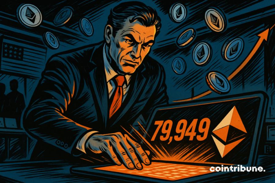 Le PDG de SharpLink, debout, penché vers un immense écran tactile courbé qui semble flotter. Il pose sa main sur une tablette numérique, activant une transaction. L’écran affiche en grand « 79 949 » avec le logo de la crypto Ethereum stylisé flottant à côté, rétroéclairé.