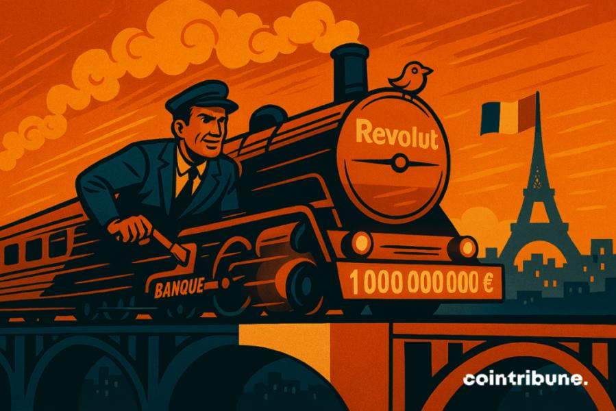 Train Revolut (banque pro crypto) traversant la France et à la tête de laquelle est écrit 