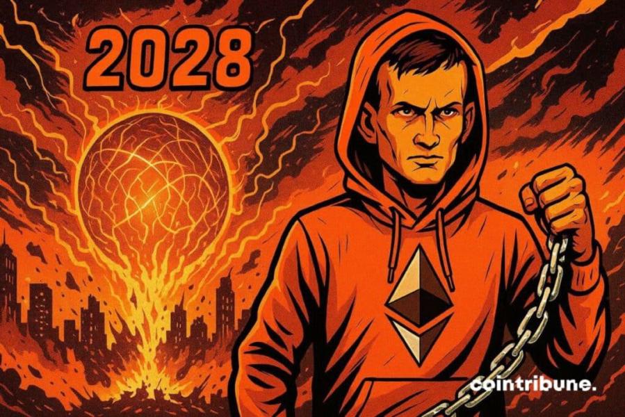 Vitalik Buterin qui tient une chaîne représentant la sécurité blockchain qu’il faut protéger. En arrière plan une boule quantique détruit tout en 2028.