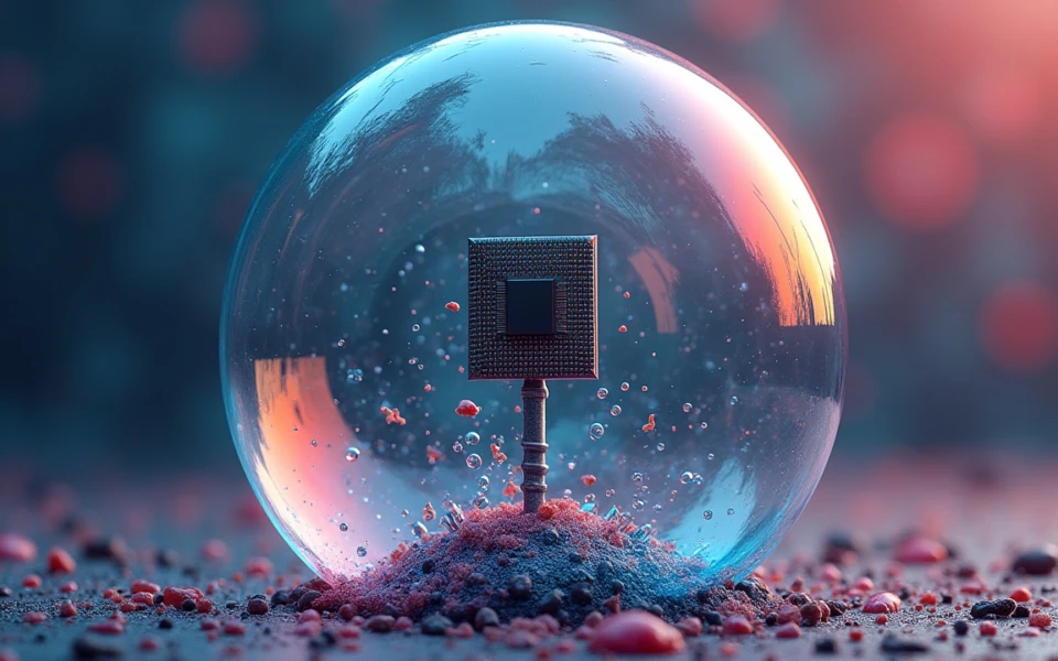 A computer chip encased in a transparent bubble, symbolizing the fragility and speculation surrounding the artificial intelligence investment boom.