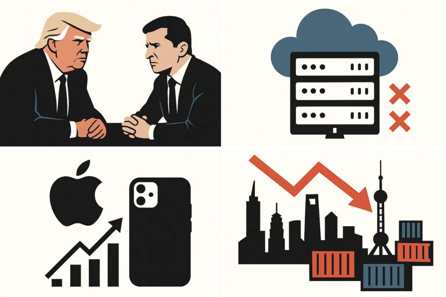 Trump presses Zelenskyy on Russia terms, AWS outage disrupts web, Apple nears $4T, China growth slows amid trade tensions.