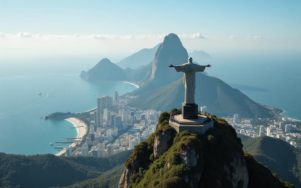 Aerial view of Rio de Janeiro with the Christ the Redeemer statue overlooking the city, mountains, and coastline under a clear blue sky.