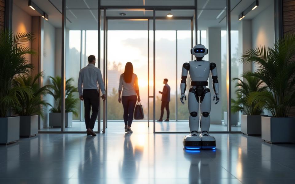 A humanoid robot stands in a modern office lobby as two employees walk out at sunset