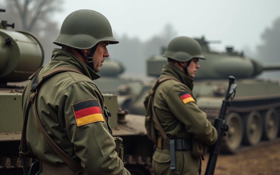 German soldiers in uniform stand beside tanks during a military exercise, highlighting Germany’s defense buildup and conscription debate.