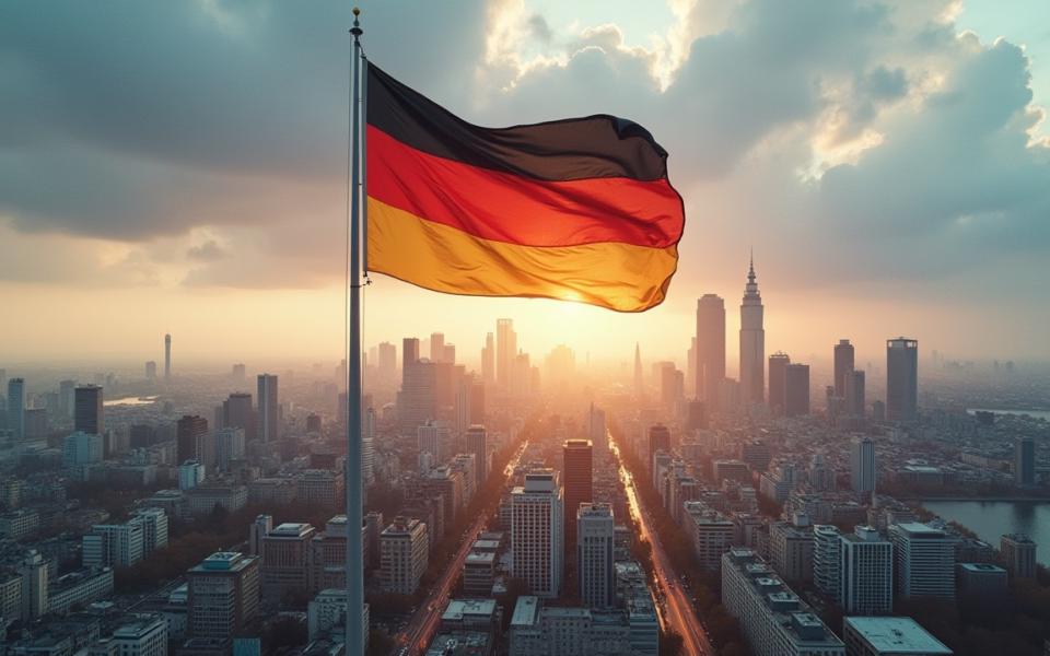 German flag flying over a modern city skyline at sunset, symbolizing Germany’s economy and its challenges.