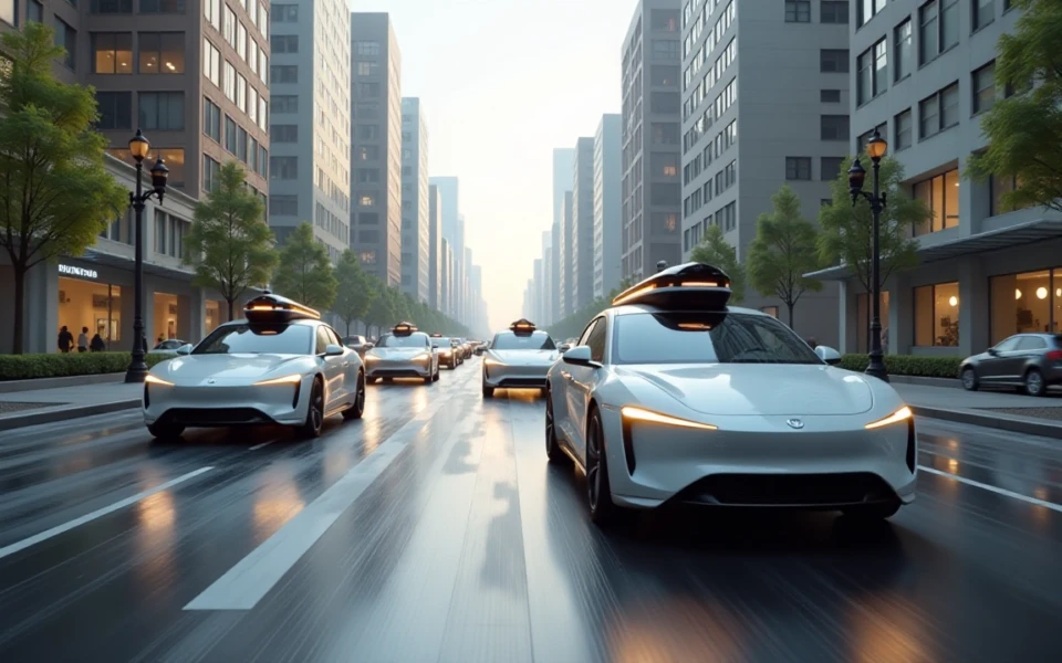 A fleet of full self-driving cars in a futuristic urban landscape.