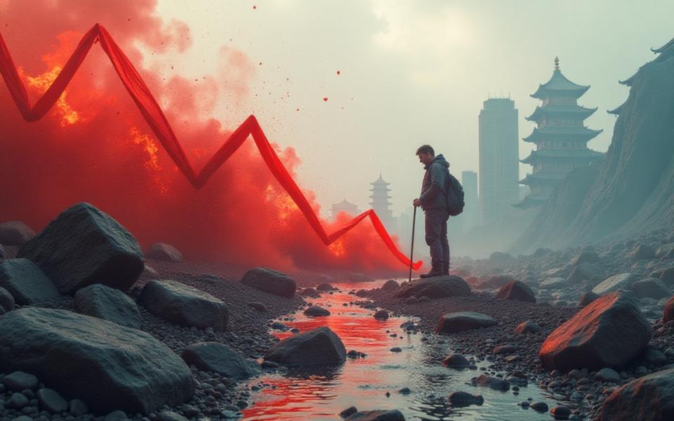 Dramatic visual of China’s economic decline in 2025 with a red falling chart line amid traditional Chinese pagodas and modern city skyline