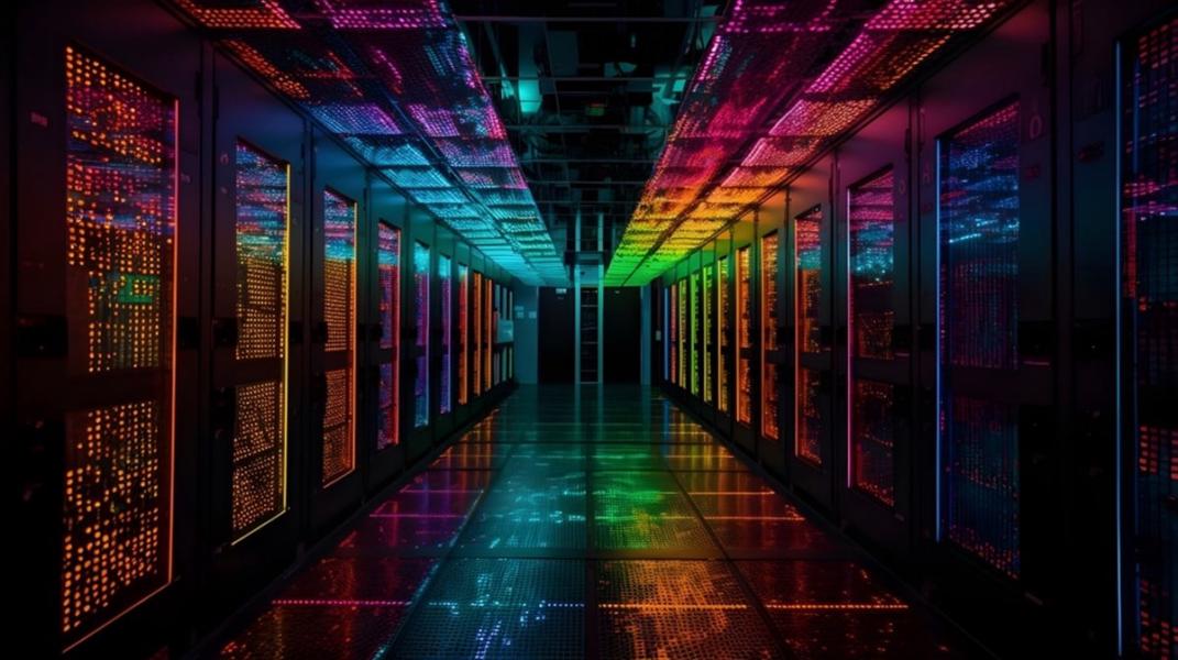 Dark colorful data center or server room rack and lot of data light indicator. Information technology, cyberspace data collection, networking database station.