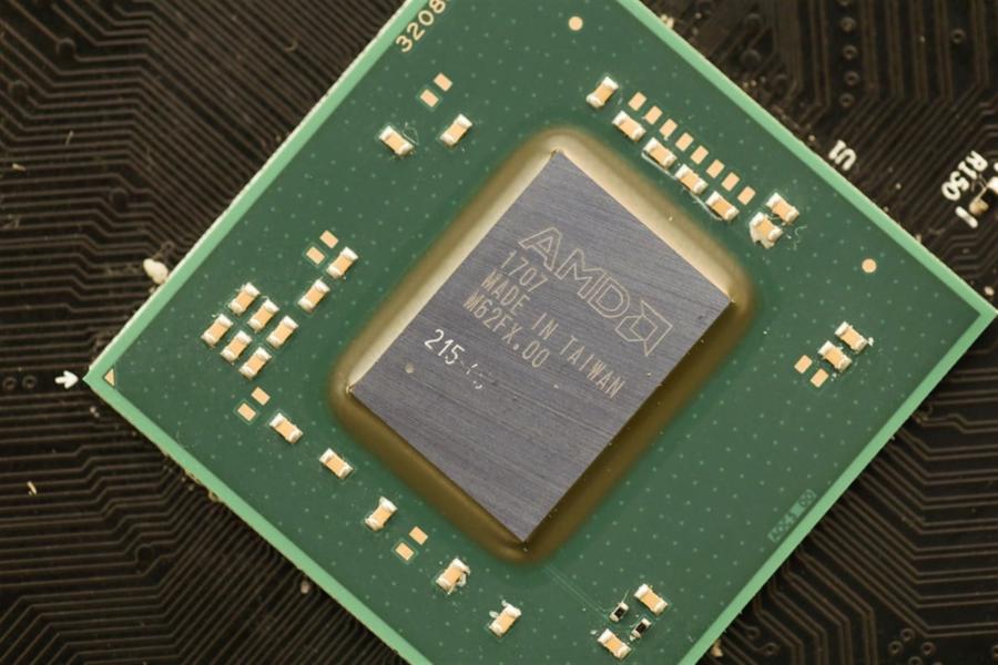 KYIV, UKRAINE - JANUARY 29, 2025 Detail of the processor core of a video card AMD Radeon RX550. Graphics processing unit on a latest generation Video Card.