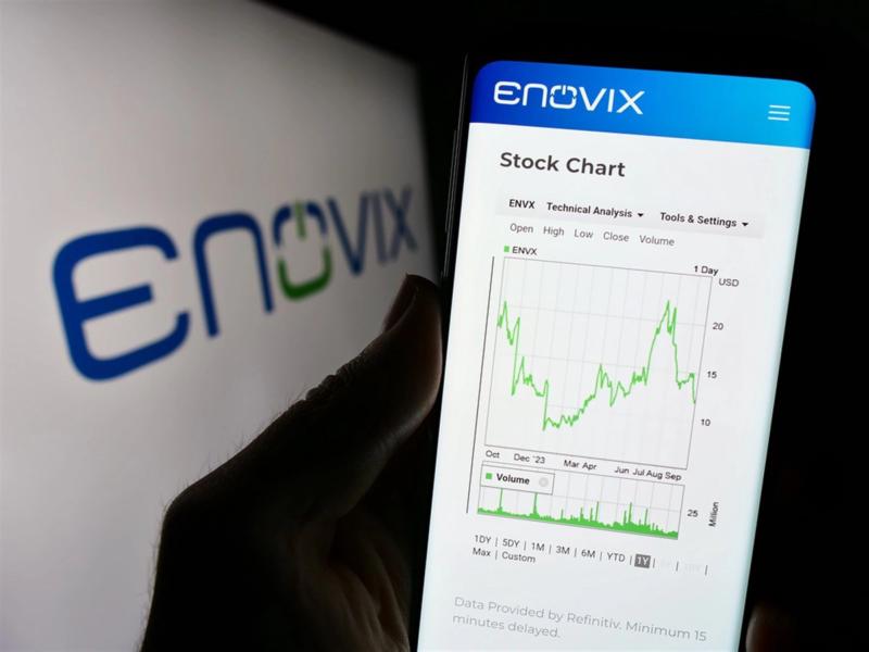 Stuttgart, Germany - 09-25-2023: Person holding smartphone with webpage of US battery company Enovix Corporation in front of business logo. Focus on center of phone display. — Stock Editorial Photography