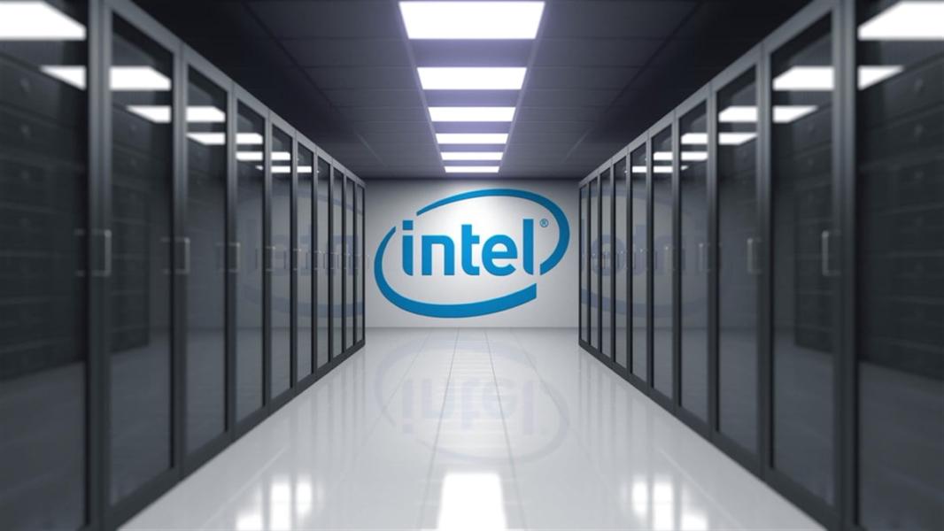 Intel Corporation logo on the wall of the server room. Editorial 3D