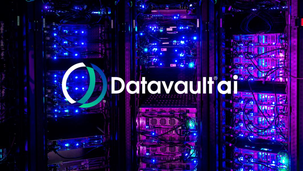 Datavault.ai logo over illuminated server room
