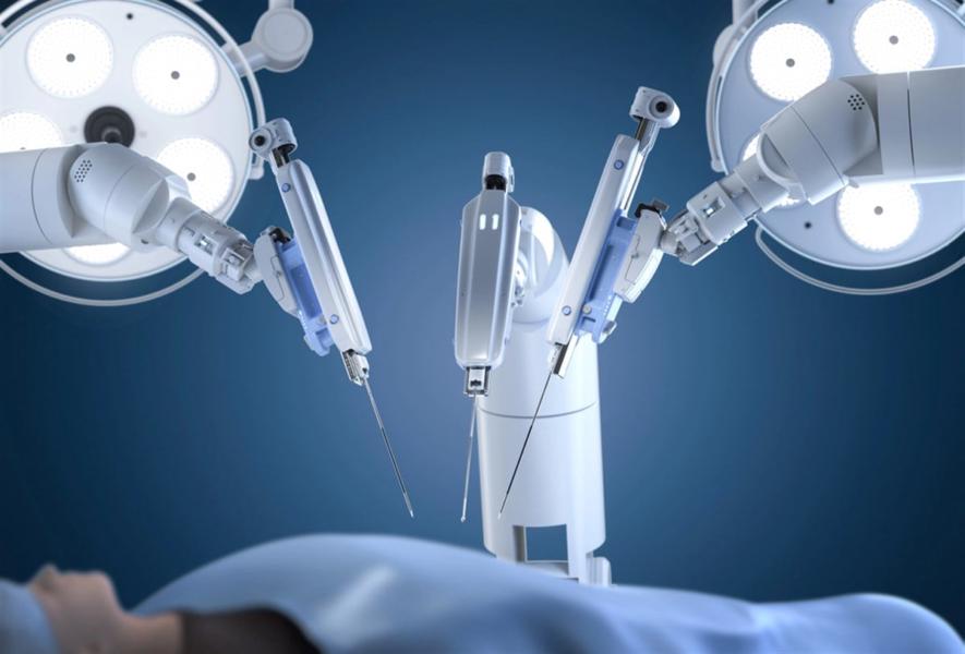 Medical technology with 3d rendering robotic assisted surgery with mock up model in operating room — Photo