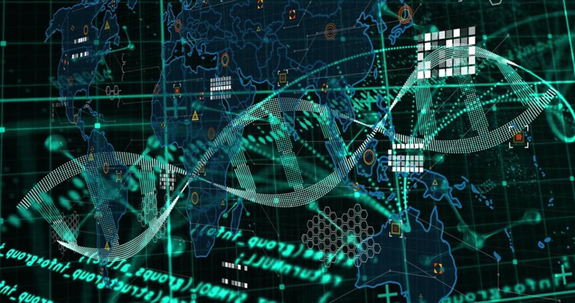 Image of dna strand and data processing over world map on black background. Global technology, computing and digital interface concept digitally generated image. — Photo
