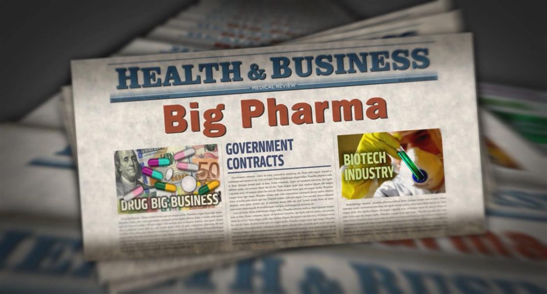 Big Pharma, health care, pharmaceutical industry and medical business vintage news and newspaper printing. Abstract concept retro headlines 3d illustration. — Photo