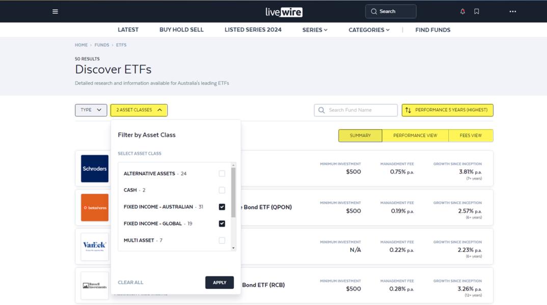 Livewire Fund Funds page functionality