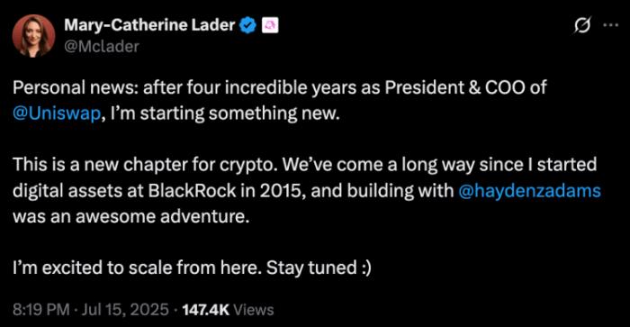🟨"Uniswap: Nuove sfide dopo la partenza di Mary-Catherine Lader"