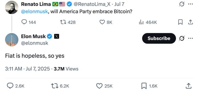 Musk calls fiat hopeless on X.