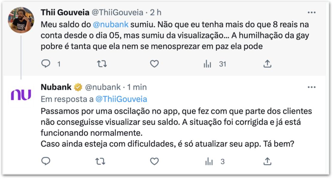 tweet resposta a um usuário pelo nubank