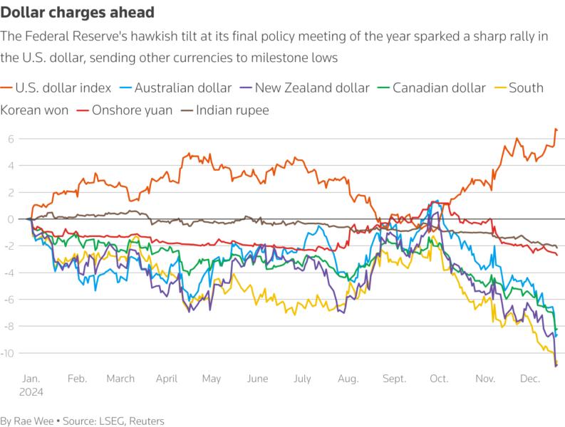 The Federal Reserve's hawkish tilt at its final policy meeting of the year sparked a sharp rally in the U.S. dollar, sending other currencies to milestone lows