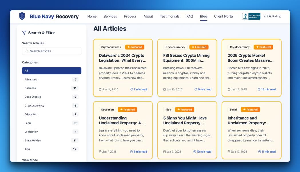 Blue Navy Recovery Celebrates 40 5-Star Reviews on Google, Reinforcing Role as a Top-Rated Unclaimed Property Recovery Service in California and Georgia