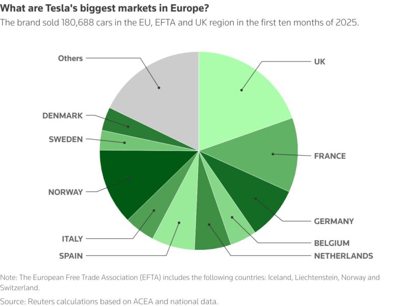 A pie chart showing Tesla sales in some of its biggest markets in Europe.