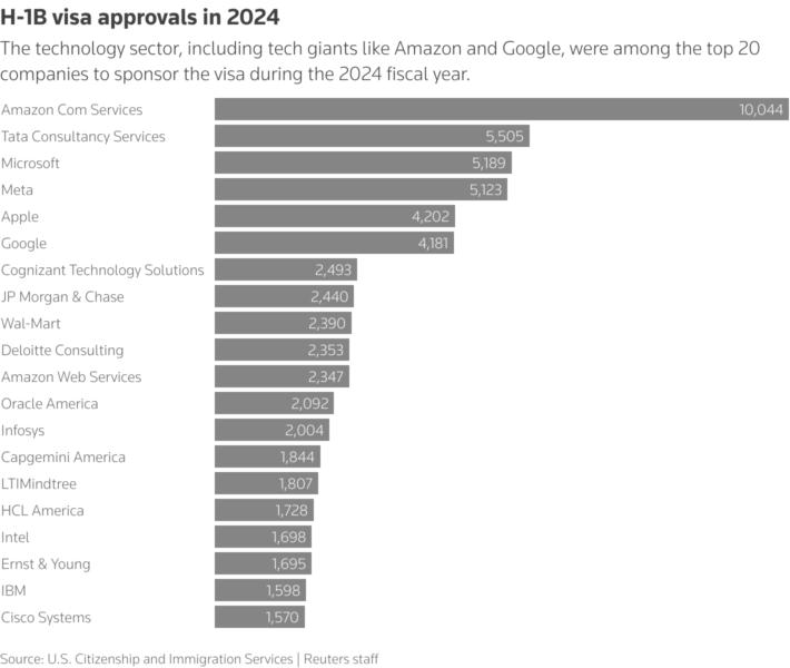 Shows the number of visa approvals by the top 20 companies, topped by Amazon at 10,044.