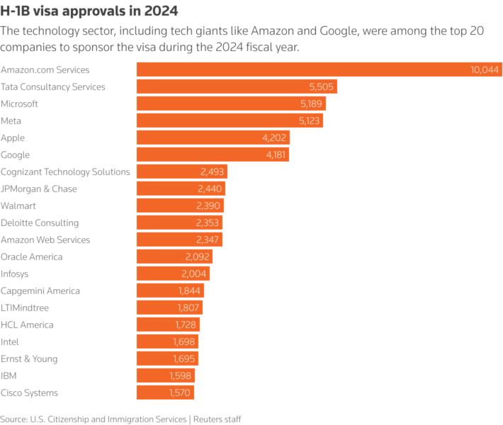 Shows the number of visa approvals by the top 20 companies, topped by Amazon at 10,044.