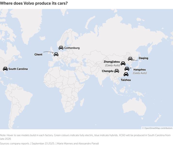 Map with markers that look like cars showing where Volvo cars are manufactured, locations are in Charleston (USA), Ghent (Belgium), Gothenburg (Sweden), Chengdu, Daqing, Taizhou, and Hangzhou (China).