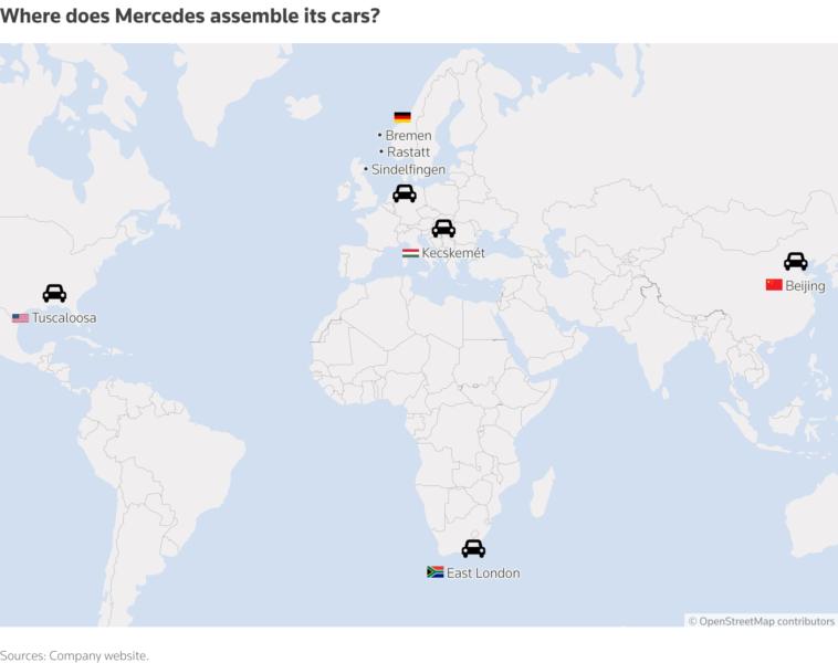 Map with markers that look like cars showing where Mercedes cars are assembled.
