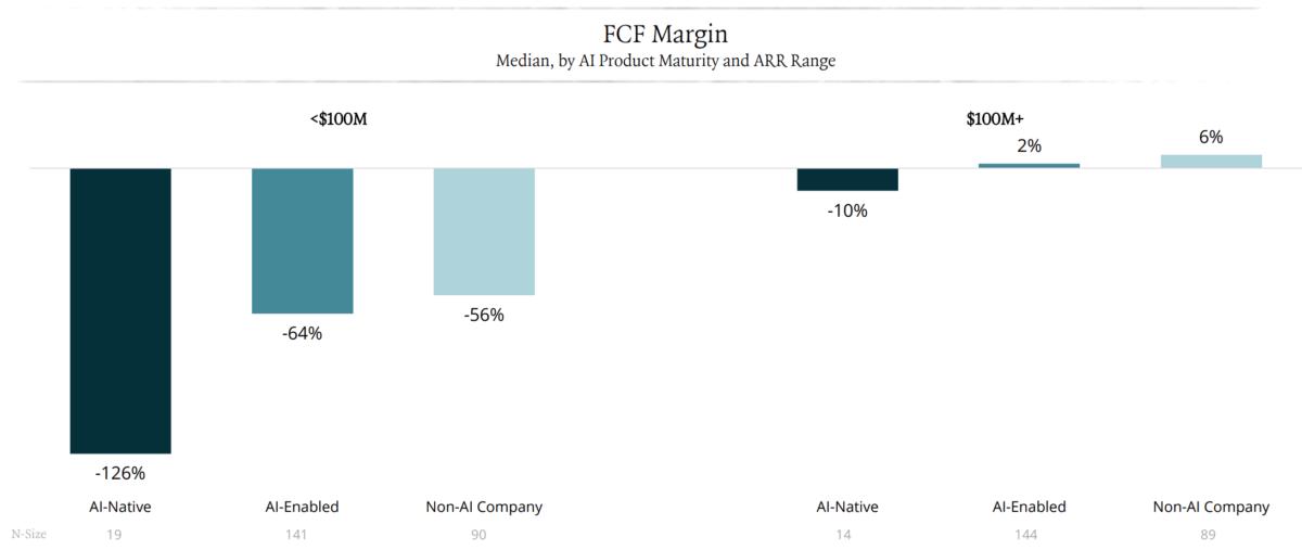 AI companies are burning more cash compared to its software peers The chart shows the unit economics of AI companies