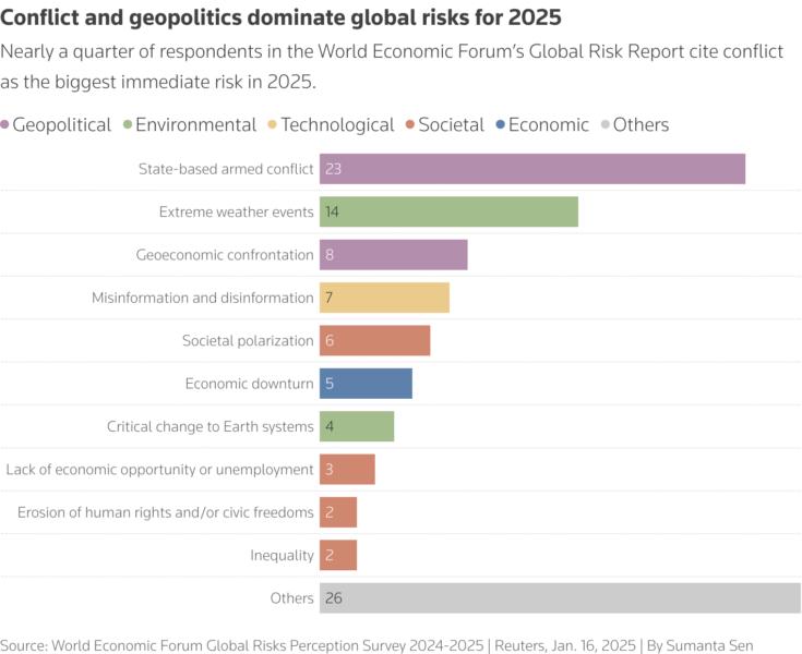 The horizontal bar chart shows the 10 highest-rated risks for 2025 with colours for each category.